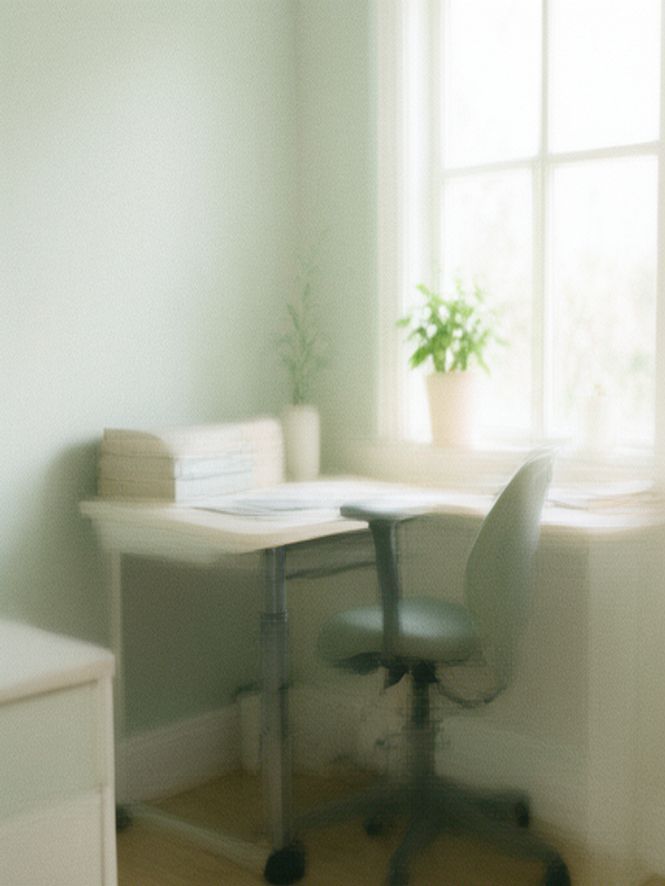 Bright home office with standing desk and indoor plant by window
